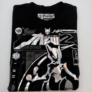Ned4ic x Mewtwo Black T-Shirt Silver Holographic Graphic of a Pokémon Size XXL